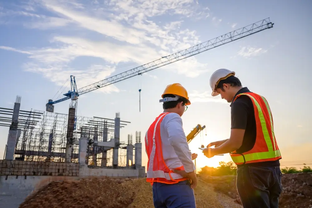 Male engineer stands at a construction site as the sun sets. Engineer talking to foreman and construction worker.