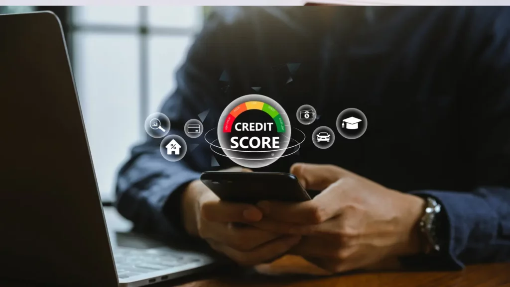 Credit score concept, Businessman using smartphone with credit score for checking rating for business and personal fha loan.