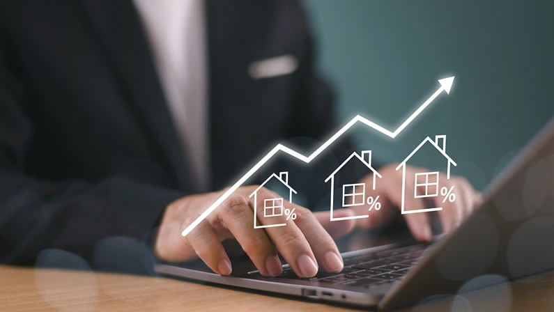 Real estate market investment concept. Succession business agent, home insurance service, broker offer financial. Tax interest rate, property value growth. Man use computer, home loan mortgage icon